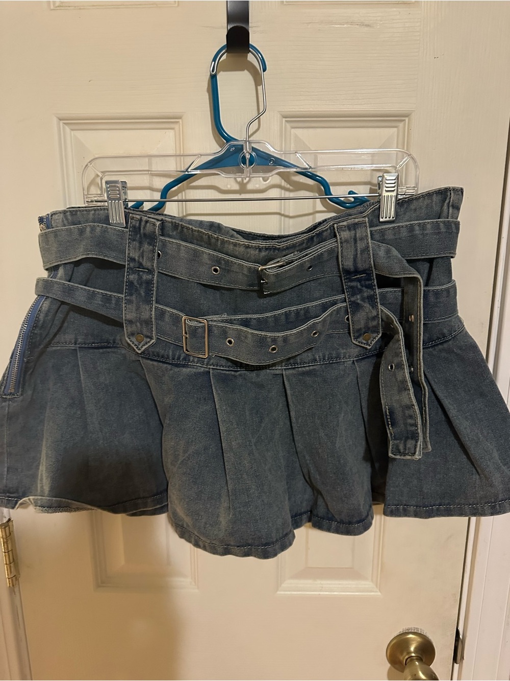 SHEIN Faded Blue Denim Mini Skirt with Belt Detail